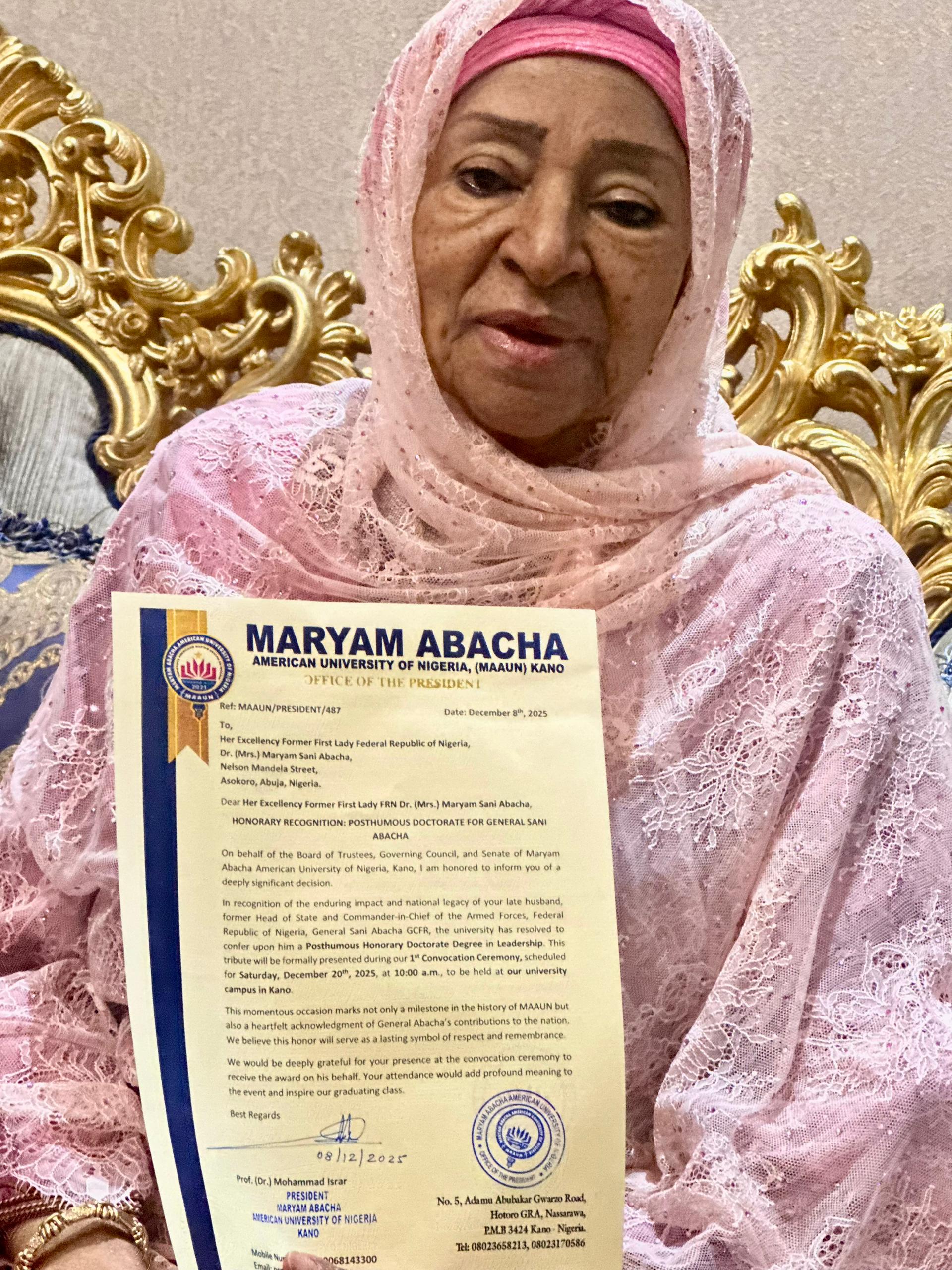 Maryam Abacha Accepts Posthumous Doctorate for Late Gen. Abacha, Describes Honour as Well-Deserved